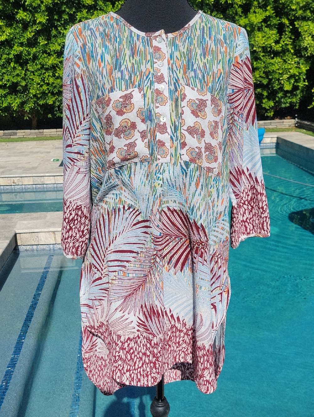 fig and flower Blue and Maroon Printed Long Sleeve Tunic Dress Swim Coverup